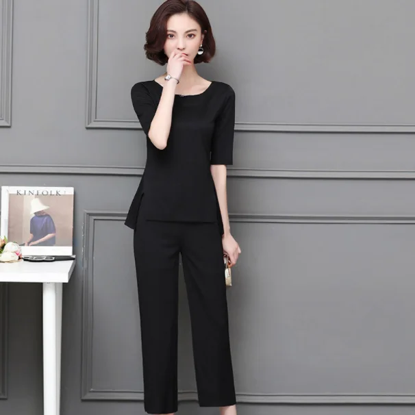 M-5xl Summer Two Piece Sets Women Plus Size Half Sleeve Tops And Pants Suits Pink Black Office Elegant Women's 2020 DG155 |