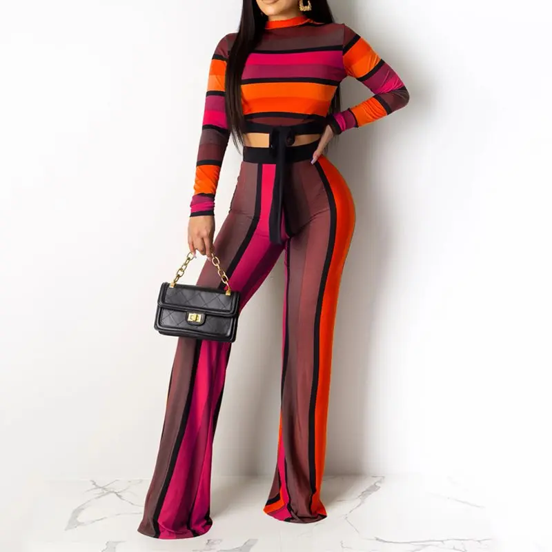 

Two Piece Sets Women 2019 Autumn Fashion Streetwear Striped Loose Casual Drawstring Crop Top Hoodie Wide Legs Long Pants Set