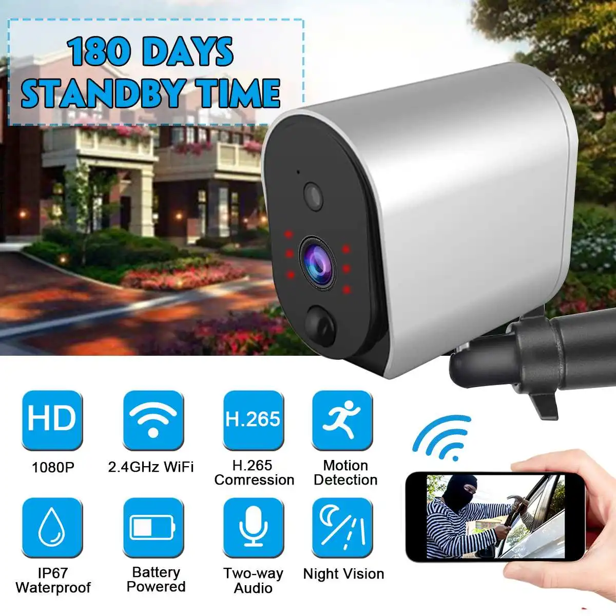 

1080P WiFi camera Audio Security Camera Wireless Battery Operated IP67 Waterproof ip camera wifi 180days Standby time 2.0MP PIR