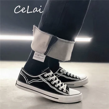 

CeLai Fashion Youth Men Shoes Casual Unisex White Sneakers Breathable Walking Canvas Shoes Men's Wome Black Lace Up Flats A-003
