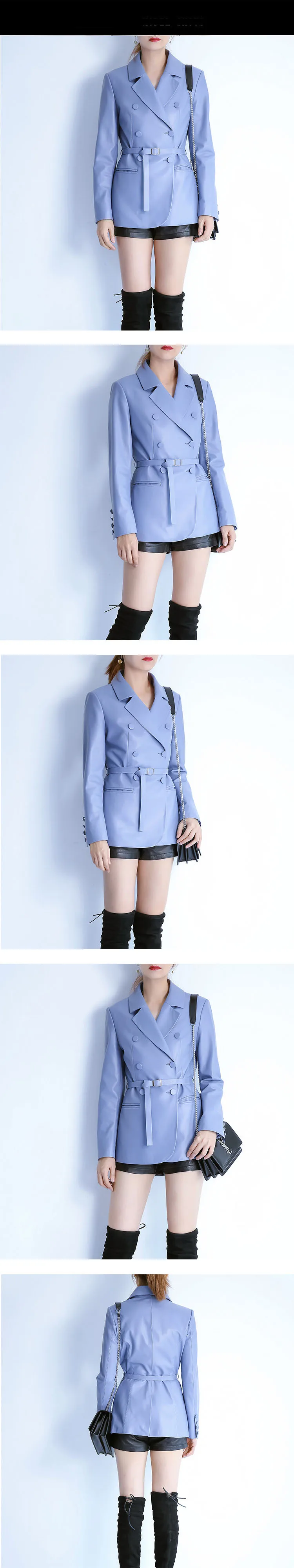 Кожаная куртка Lambskin Vintage Элегантная куртка Тонкий пояс Двубортная кожаная куртка Офисная женская куртка
