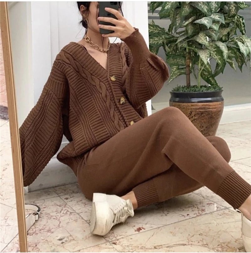 Winter Vintage Knitted Suit Women's Two-Piece Set Casual Solid Twist Cardigan Sweater Slim Pants Autumn Female Outfit