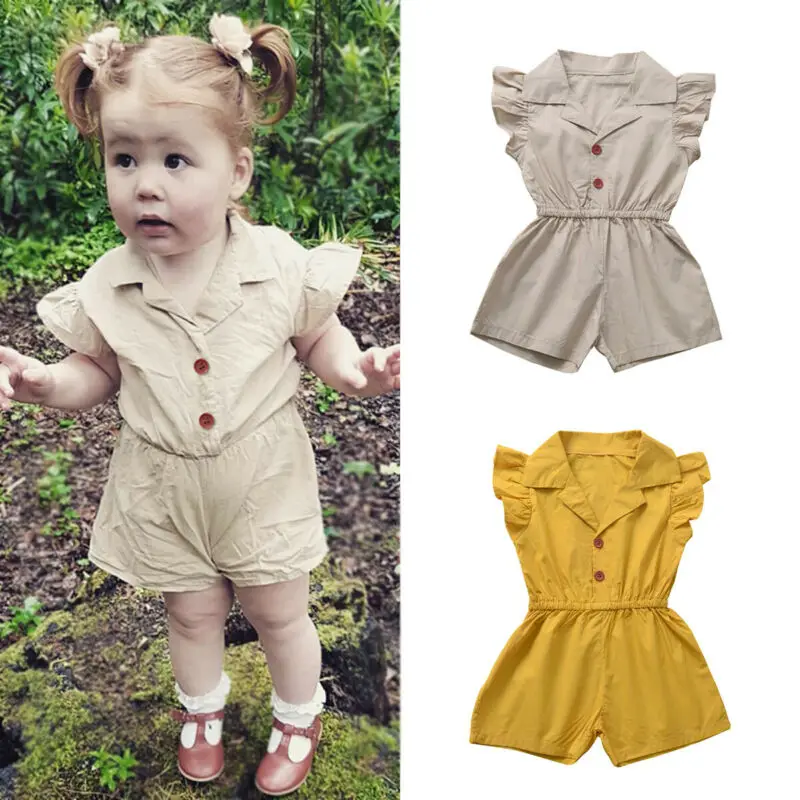 

1-4 Years New Toddler Kids Baby Girls Clothes Short Sleeve Romper Shorts Pants Solid Button Ruffle Jumpsuit Outfit
