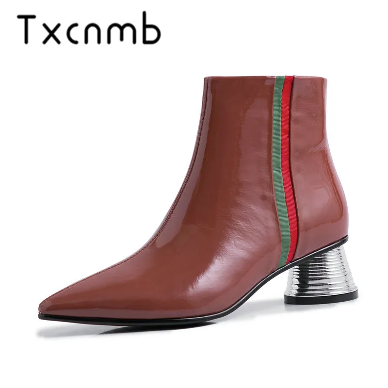 

TXCNMB Brand Cow Patent Leather Boots Women Ankle Boots Pointed Toe Strange Heels Short Boots Night Club Shoes Woman