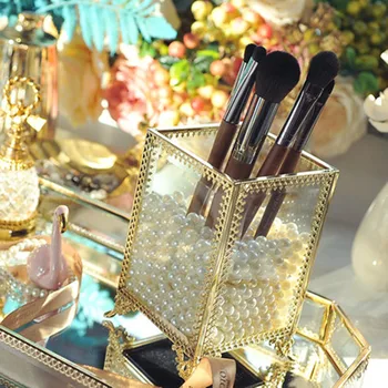 

Cosmetic Box Golden Brush Tube Makeup Storage Box Transparent Glass European-style Storage Rack Office Tools Tube