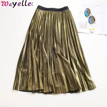 Длинная Плиссированная юбка Для женщин ; Цвета: серебристый металлик плиссированная юбка макси Для женщин Высокая Талия Elascity Юбка-миди элегантные женские вечерние юбка