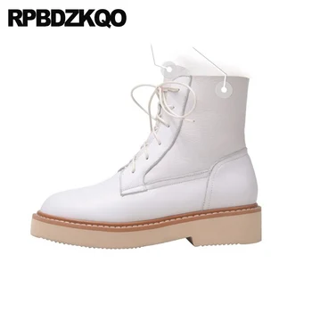 

military combat fur block luxury lace up winter women ankle boots 2019 round toe shoes warm short white chunky genuine leather