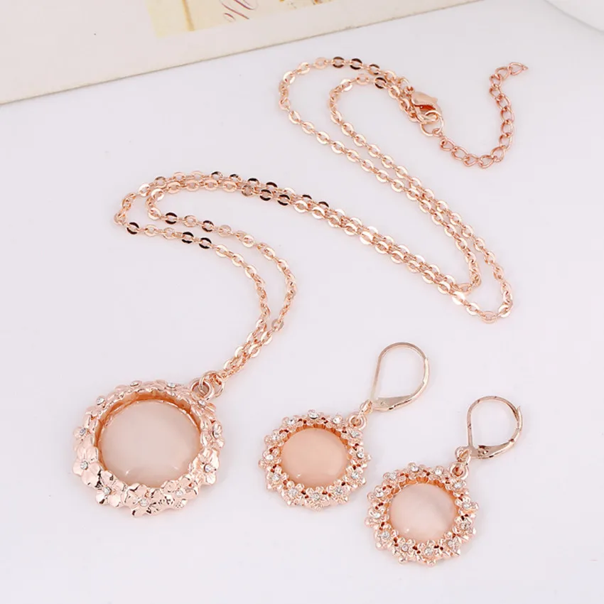 

FYSL 10 Sets Rose Gold Color Round Cat Eye Stone Pendant Link Chain Neclace Drop Earrings Trendy Jewelry Set