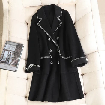 

Business Suit Collar Long Wool Overcoat 2020 Korean Style Black Woolen Coats For Women Double Breasted Women Clothes