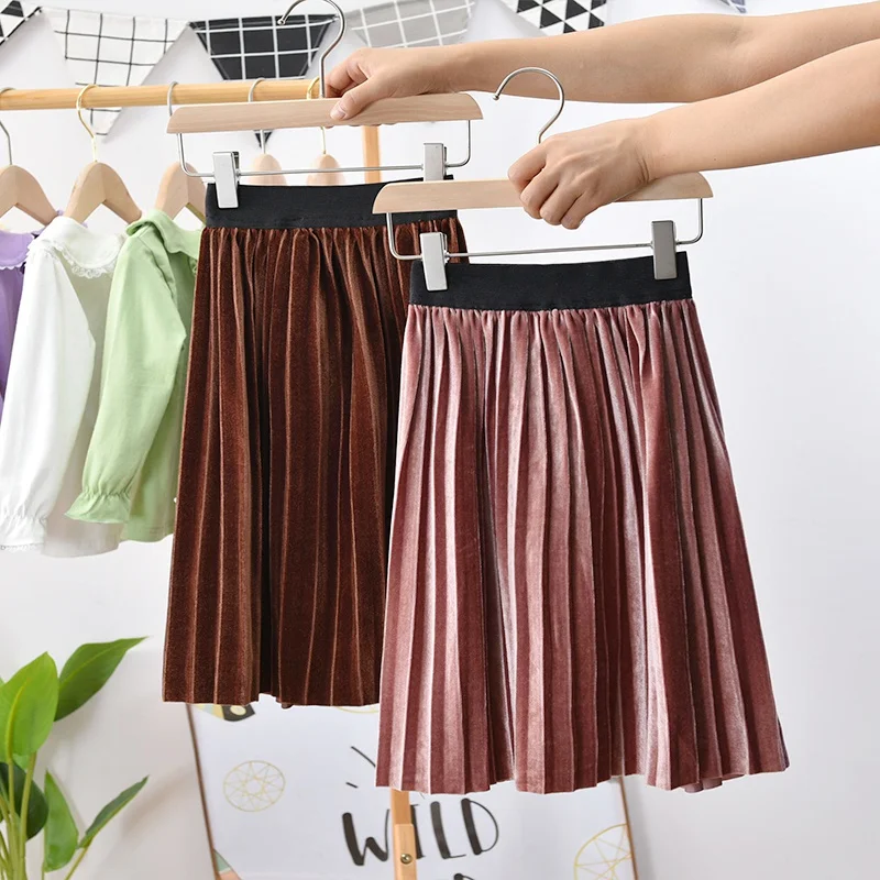 

New Spring Autumn Children Skirt Girls Velvet Skirt Long Paragraph Pleat Skirt Mesh Princess Dresss