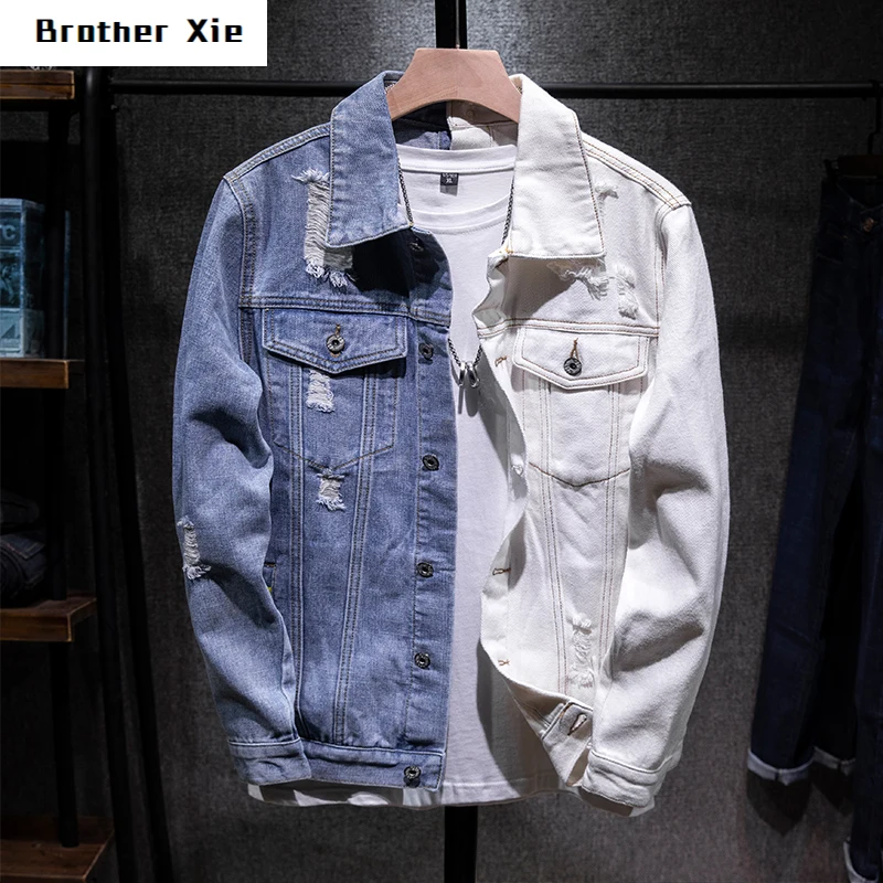 

Autumn New Denim Jacket Men Fashion Contrast Color Casual Hole Denim Jacket Man Streetwear Hip Hop Loose Bomber Jacket M-5XL
