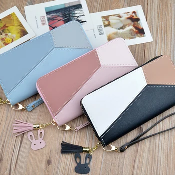 

Geometric Pattern Women Wallets with Zipper Pink Phone Pocket Purse Card Holder Patchwork Long Coin Purse wallet for women