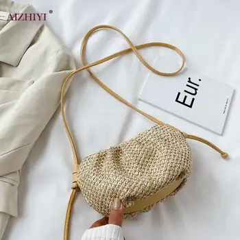 

Straw Woven Women Cloud Shoulder Bags PU Splicing Ladies Fashion Shoulder Bag Female Handbags Fashion Crossbody Clutch Purse