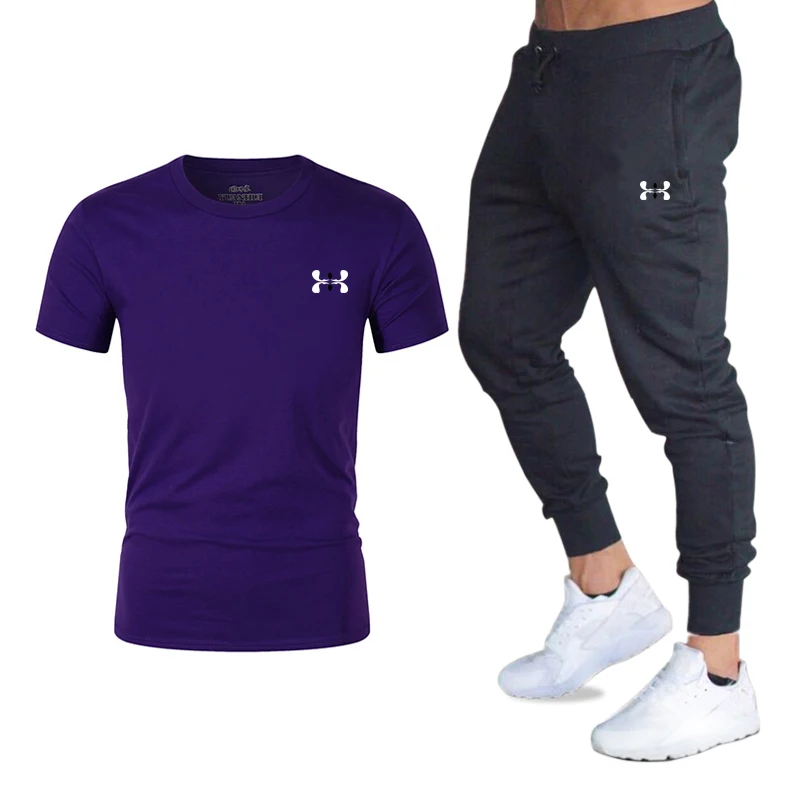 Лето, брендовая футболка, мужские комплекты, Модный хлопковый спортивный костюм с коротким рукавом, футболка+ штаны, мужские комплекты из 2 предметов, повседневная одежда - Цвет: 13