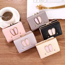 

Women Wallets Short Cartoon Rabbit Ears Three Fold Hasp Coin Purses Female Pu Leather Sequins Solid Color Card Holder Clutch Bag