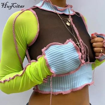 

Hugcitar 2020 mesh see-through patchwork long sleeve sexy crop tops autumn winter women fashion streetwear outifts T-shirts tees