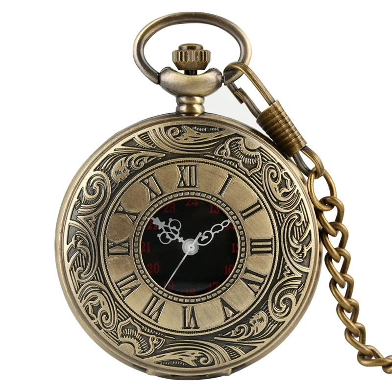 Black Roman Numerals Quartz Pocket Watch Men Women Black Hollow Case Steampunk Vintage Pendant Necklace Best Gifts for Men Women - Цвет: bronze 30cn Chain