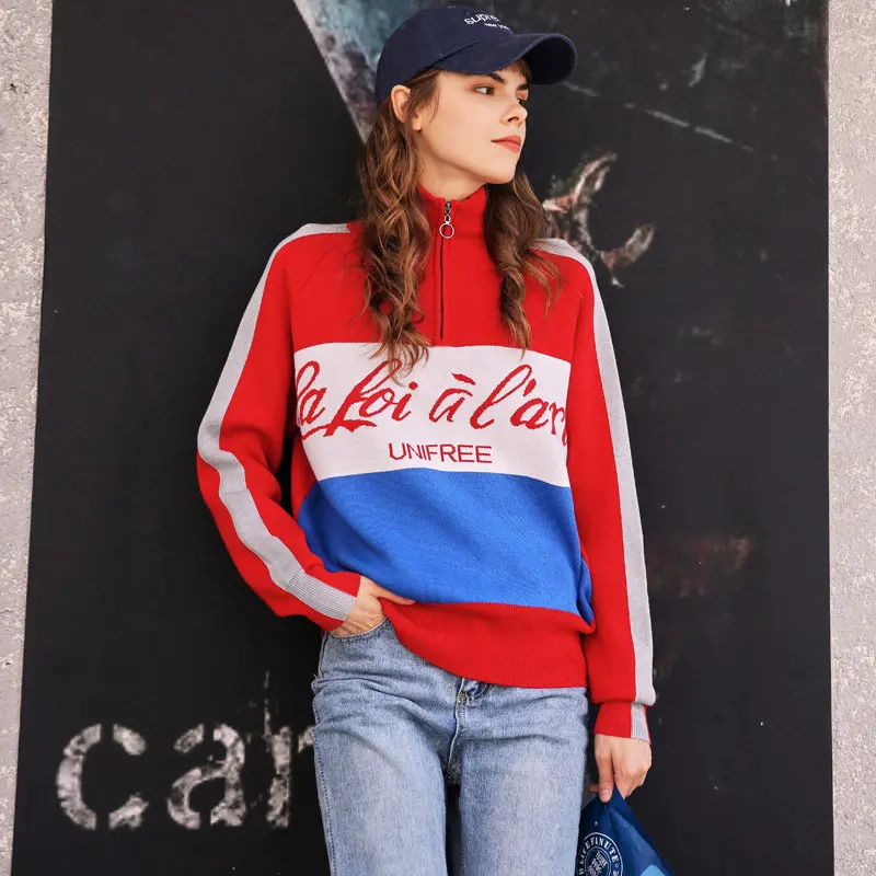 

Knitted sweater UNIFREE 2019 autumn and winter new color matching collar zipper fashion loose trend knitted sweater UHY183K003