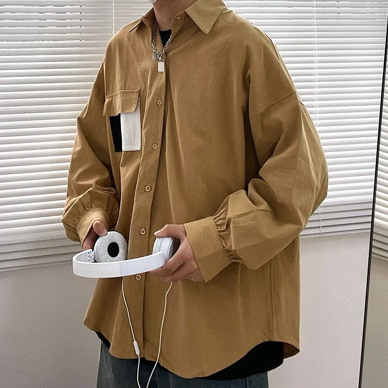 

2021 Men's Fashion Trend Long Sleeve Loose Shirts Pocket Decoration Camisa Masculina French Cuff Mens Casual Shirts Size M-XL