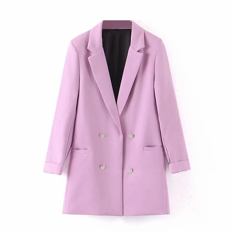 Pink Офисная Женская мода, двубортные сплошные блейзеры, плиссированное пальто с длинным рукавом и карманом, женский элегантный блейзер с зубчатым воротником, Mujer - Цвет: Pink
