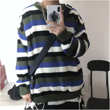 Winter Striped Sweater Men Warm Fashion Contrast Color Casual Knit Sweaters Man Sweter Clothes Loose Long-sleeved Pullover Men