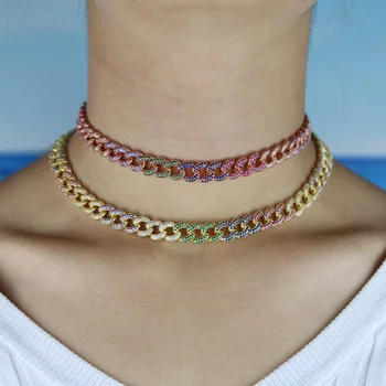 

Rose Gold Metal Cuban Link Chain Full With rainbow colorful CZ choker jewelry sets hip hop Iced Out men women necklace bracelets