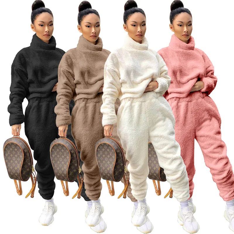 

Loose Tracksuit Solid Color Fleece Turtleneck Top Casual Pants Two-piece Set European and American Long Sleeve Women's Clothing