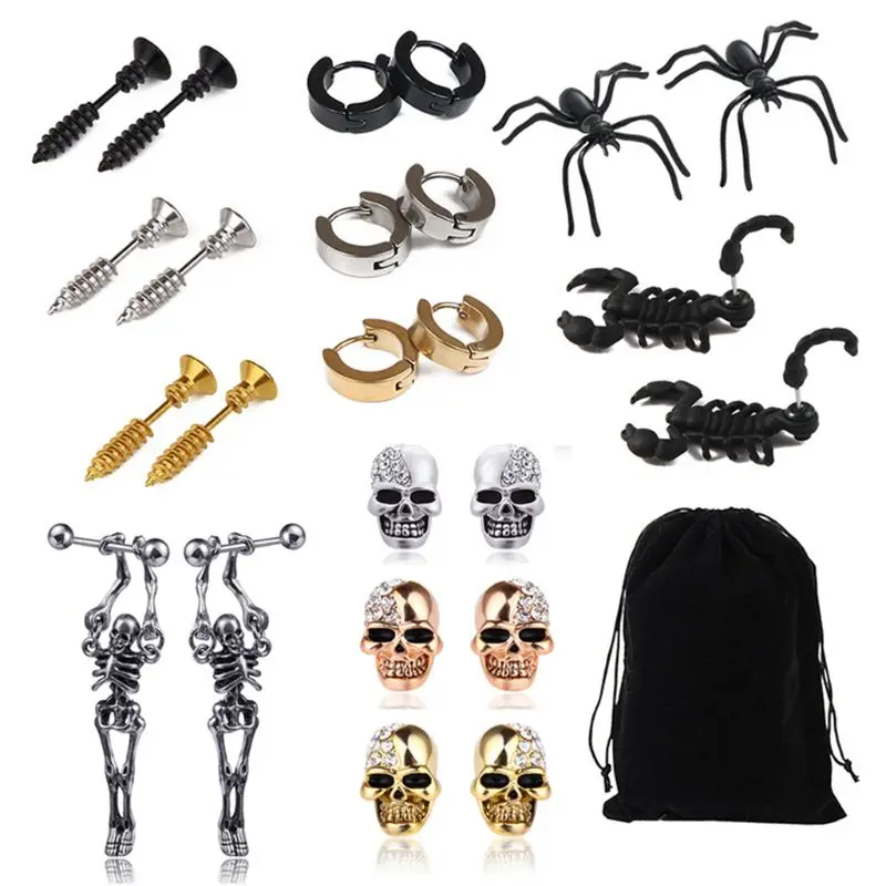

12 Pair/set Personalized Retro Skull Head Ear Stud Hip Hop Men Women Earring