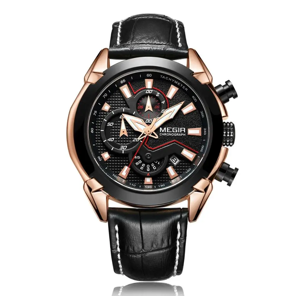 MEGIR Watch for spoort men Multi-function leather stereo dial timing men's quartz wristwatch 2065 zegarek damski | Наручные часы