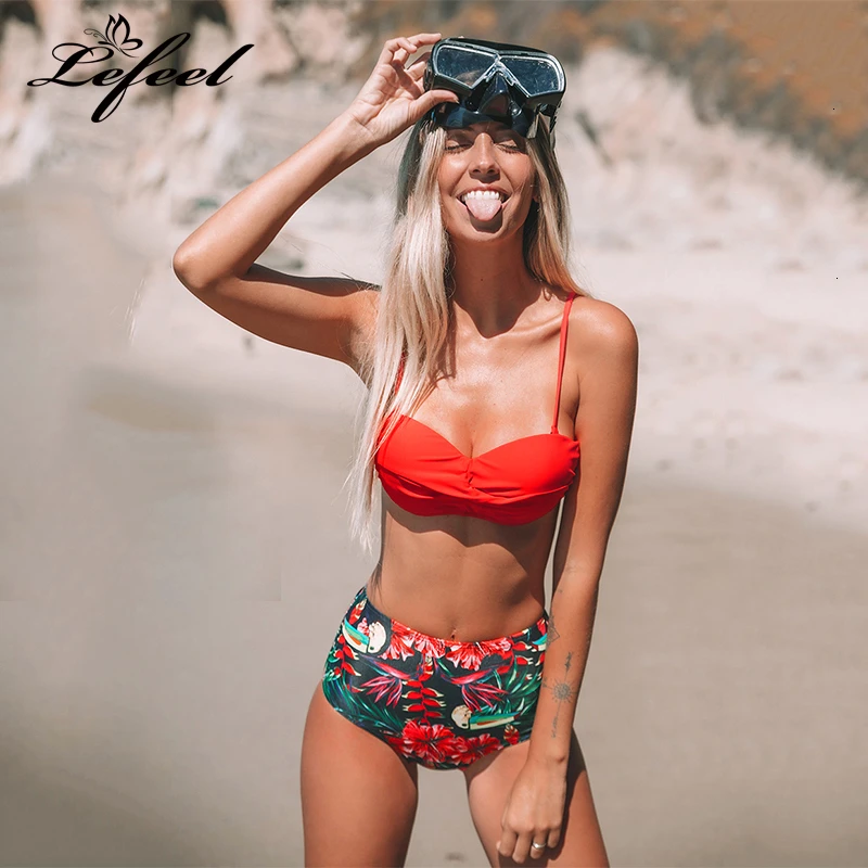 Women Solid Floral Print Bikini Set Sexy Bandage Swimsuit Beachwear High Waist Swimwear New Summer Bathing Suit Female Biquini |