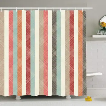 

Shower Curtain Set with Hooks Beige Vintage Abstract Cloth Pattern Colorful Stripes On Brown Classic Classical Diagonal Elegant