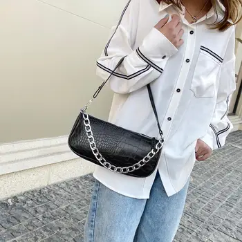 

Women Vintage Split PU Leather Bags Retro Crocodile Pattern Shoulder Bag Casual Solid Ladies Underarm Clutch Handbag Female Gift