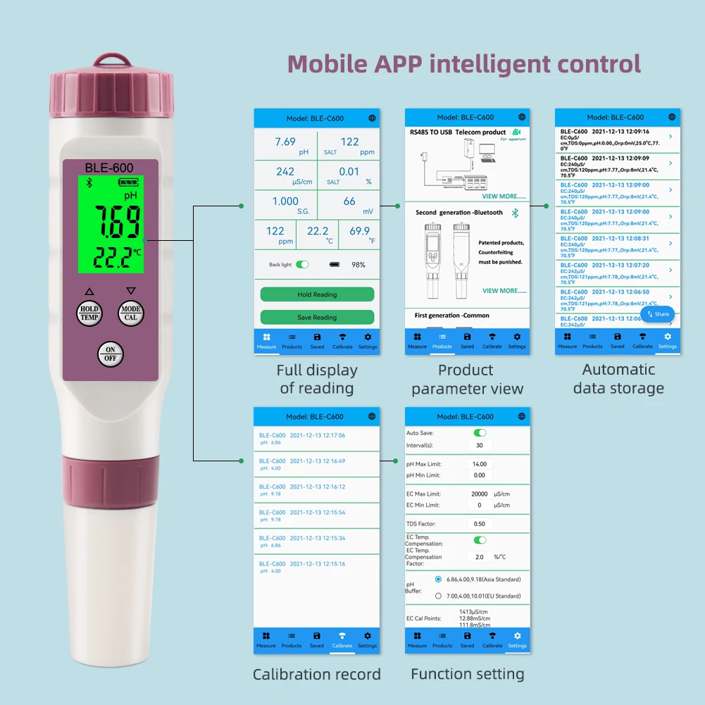 Yieryi BLE-C600 Blue Tooth-compatible Water Quality Pen 7 in 1 PH/EC/TDS/ORP/SALT/S.G/TEMP Meter APP Intelligent Control Tester anemometer sensor