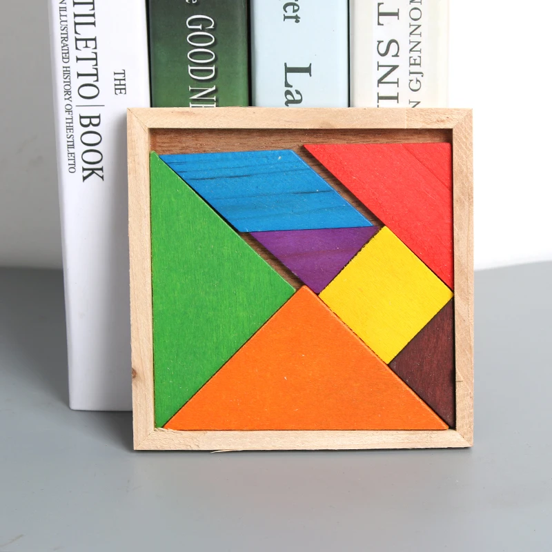 

5 PCS Montessori Wooden Tangram 7 Piece Jigsaw Puzzle Colorful Square IQ Game Brain Teaser Intelligent Educational Toys for Kids