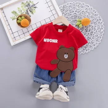 

Cartoon bear print T-shirt denim shorts two-piece baby boy clothes baby boy clothes summer short-sleeved fashion baby boy suit