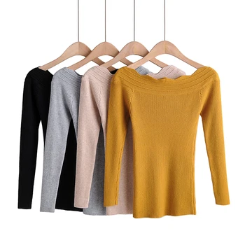 

2019 New Autumn Women Sweater Knitted One Word Collar Slim Solid Pullover Casual Female Sweaters
