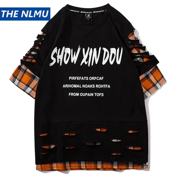 

Hip Hop T Shirt Men Harajuku Streetwear Fake Two Pieces T-Shirt 2020 Summer Ripped Hole Tshirt Cotton Tops Tees Black WO200
