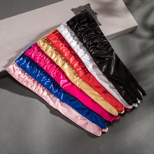 Женские ярко-Розовые Длинные атласные перчатки на палец, черные перчатки для свадебного танца, для особых случаев, для вечеринки, gant femme ST283