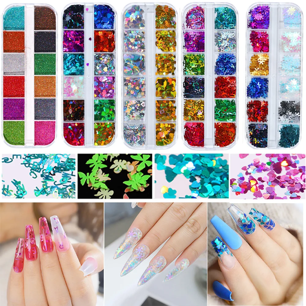 12 Grids/Box 3D Holographic Nail Glitter Flakes Sequin Rose Gold Silver DIY Butterfly Dipping Powder for Acrylic Nails Art Decor | Красота и