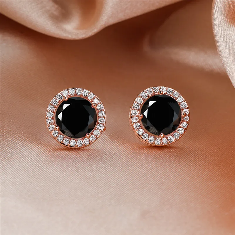 Luxury Cute Round Black Stone Stud Earrings Vintage Fashion Gold/Black/Rose Gold/Silver Color Earrings For Women Wedding Jewelry