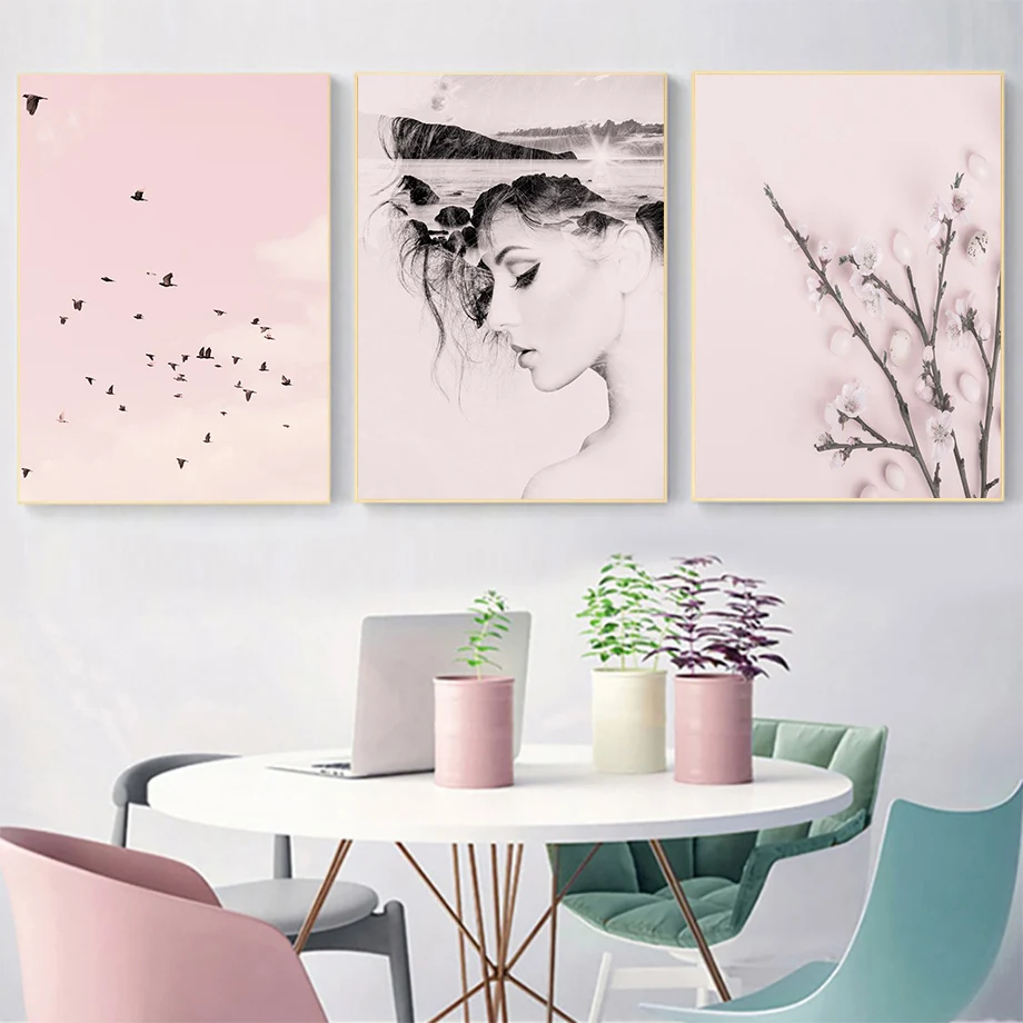 

Pink Flower Plum blossom Girl Sky Bird Quotes Nordic Posters And Prints Wall Art Canvas Painting Wall Pictures For Living Room