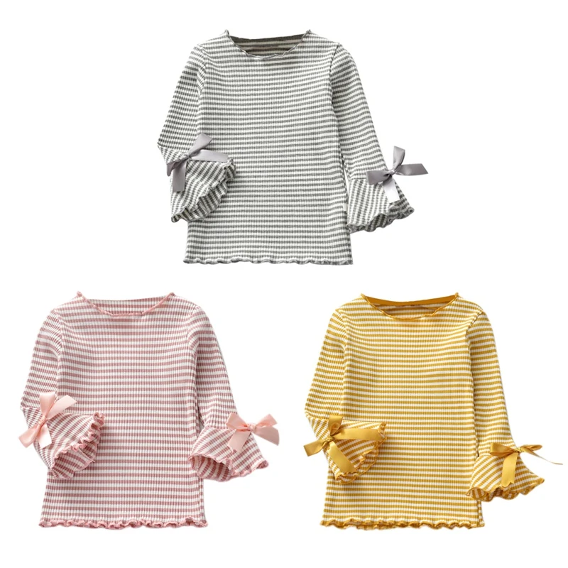 Детские осенние Рубашки в полоску с принтом для девочек хлопковые блузки Весенняя Детская футболка с расклешенными рукавами Топы для маленьких девочек
