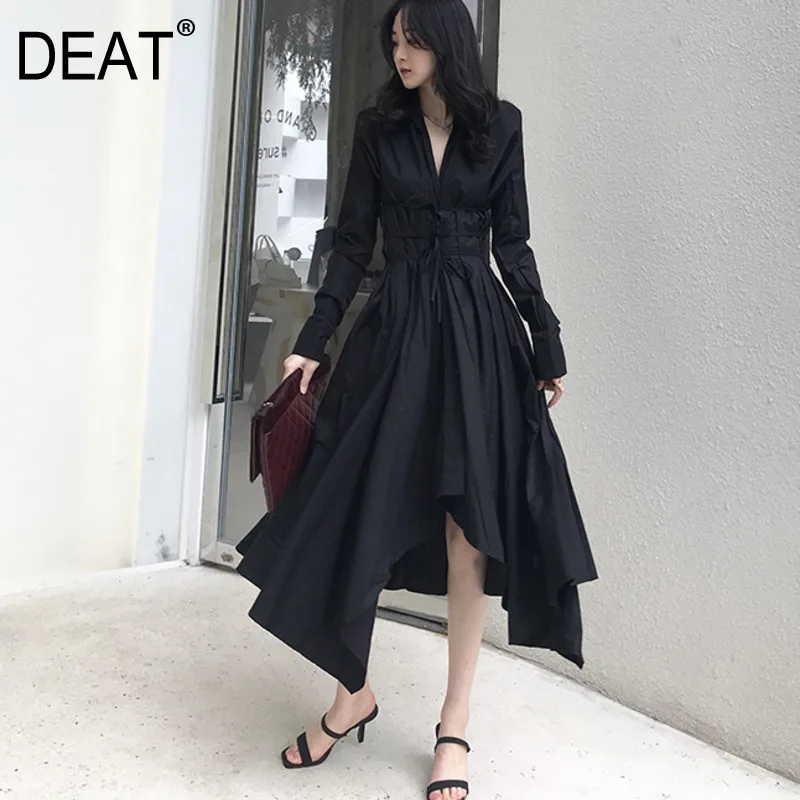 

DEAT 2019 new autumn and winter full sleeves single breasted A-line asymmetrical cotton shirt dress female vestido WJ17000L