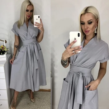 

Women Casual Sashes a Line Party Dress Ladies Short Sleeve v Neck Elegant Ol Style Midi Dress 2020 Summer Pockets Vestidos