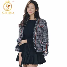 Smthma стиль подиума перламутровые пуговицы пальто для женщин зима сексуальный v-образный вырез твид женские пальто с кисточками и куртки abrigo mujer
