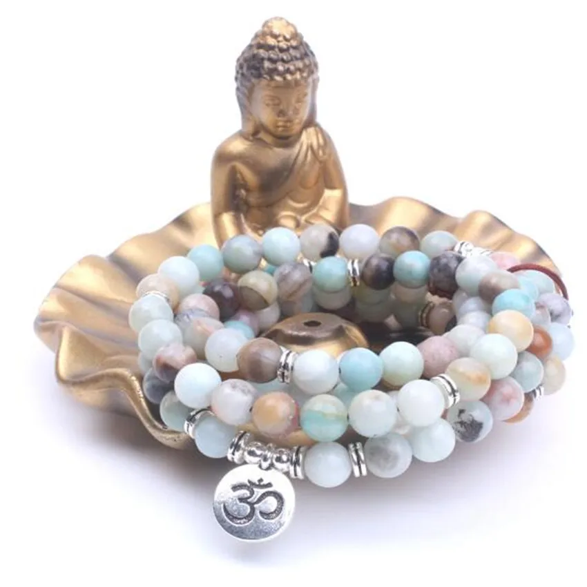 

8mm Amazonite Gemstone 108 Buddha Beads Tassels Mala Necklace Wristband pray natural Healing Handmade Fancy Reiki
