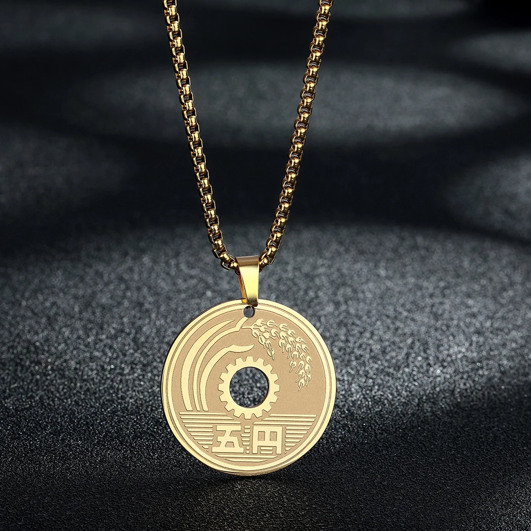 CHENGXUN Lucky Japanese Coin Necklace Mens Womens 5 Yen Coin Pendant Necklace Vintage Stainless Steel Good Luck Jewelry Gift