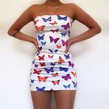 

woman Off Shoulder Butterfly Print Strapless Sheath Dress Spring Summer for Women 2020 Bodycon Backless Ladies Party Mini Dress