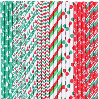 

200 pcs Green Red Christmas Paper Straws Bulk-Tree Stripe Gift Star Patterned Disposable Biodegradable New Year Party Drinking