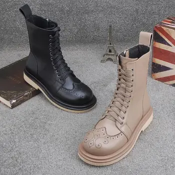 

2020 Winter New Women Fashion Martin Boots Plush Warm Casual Snow Boots Oxford Sole British Style Brogue Motorcycle Boots